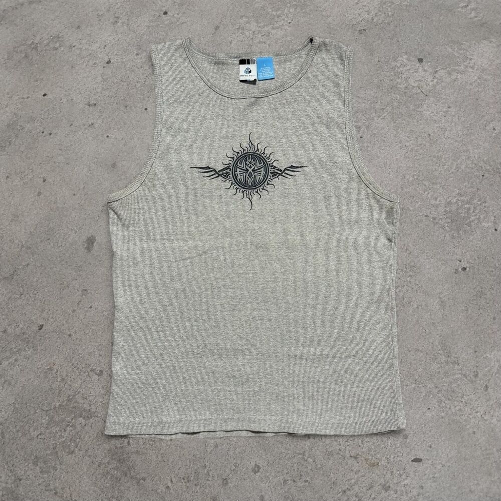 Y2K Gray Tank Top with Black Tribal-Style Sun Graphic Mens Size XL